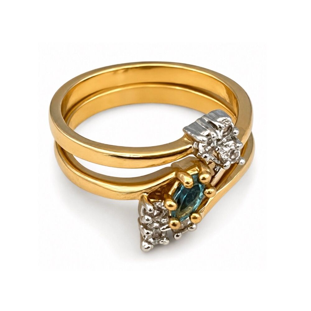 Vintage 1970s Ring Set Size 7 Blue Crystal CZ Bridal Set Gold Plated Band - 14Y